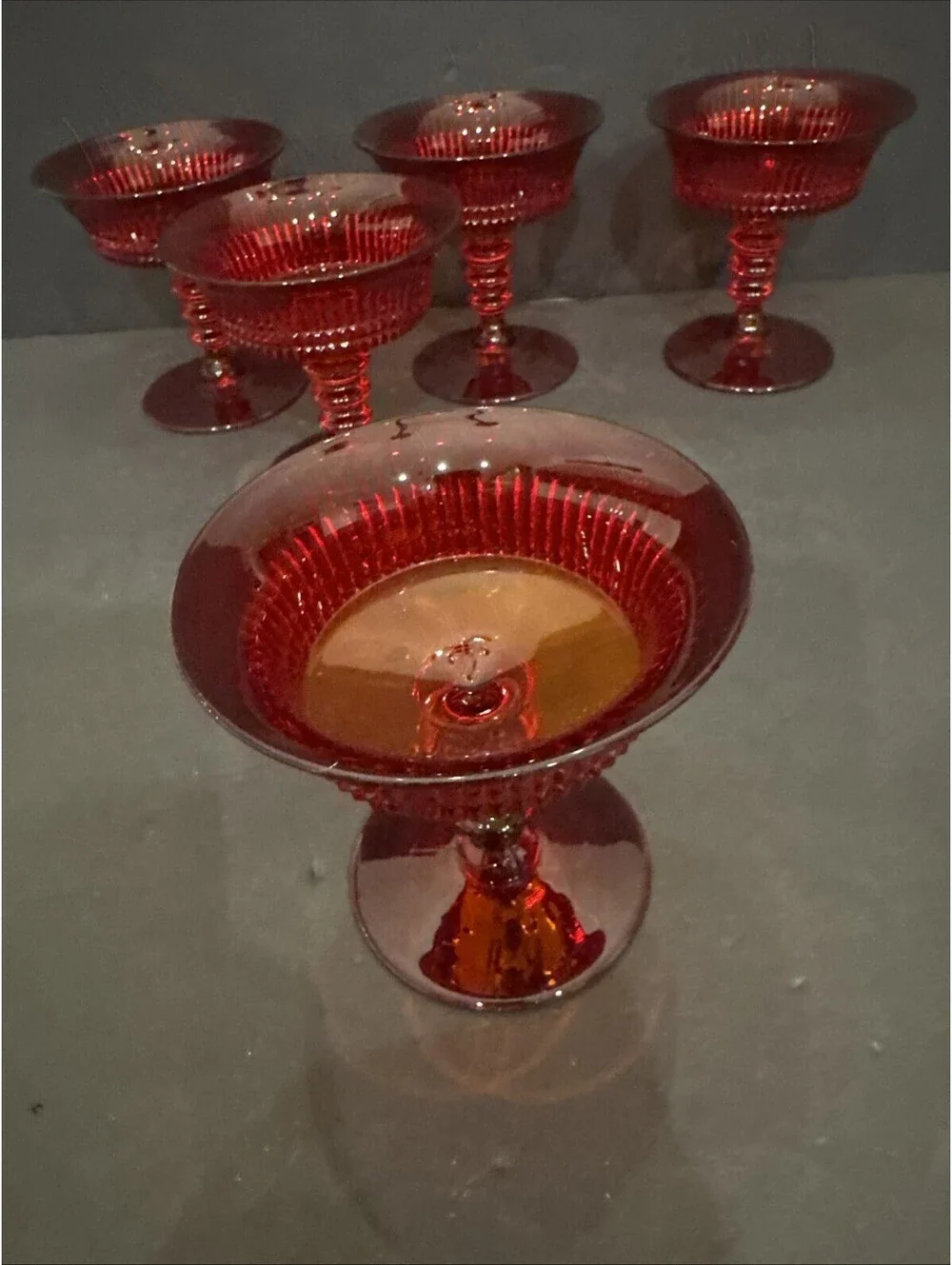 Vtg Fenton Art Glass (5) Lincoln Inn Ruby Red Champagne Sherbet Glasses 1930’s